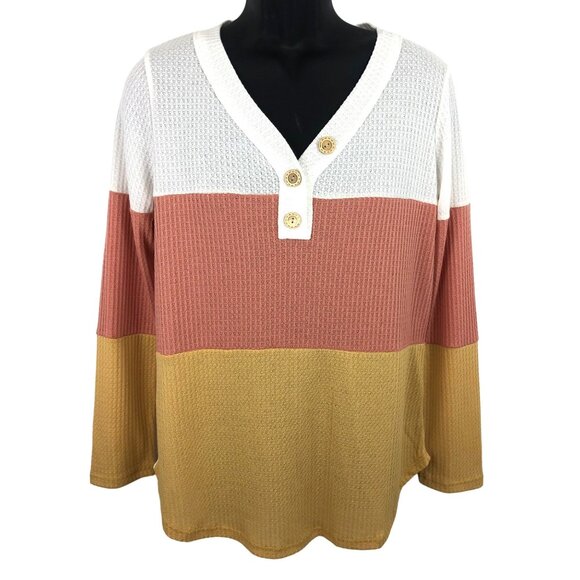 First Love Women's SIze Medium Colorblock Long Sleeve Waffle Knit Shirt V Neck - Picture 1 of 7